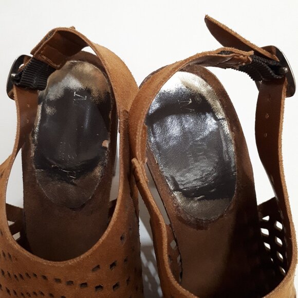 MIRABELLA Perforated Leather Platform Mules with Block Heel in Tan Suede Leather - Picture 8 of 11